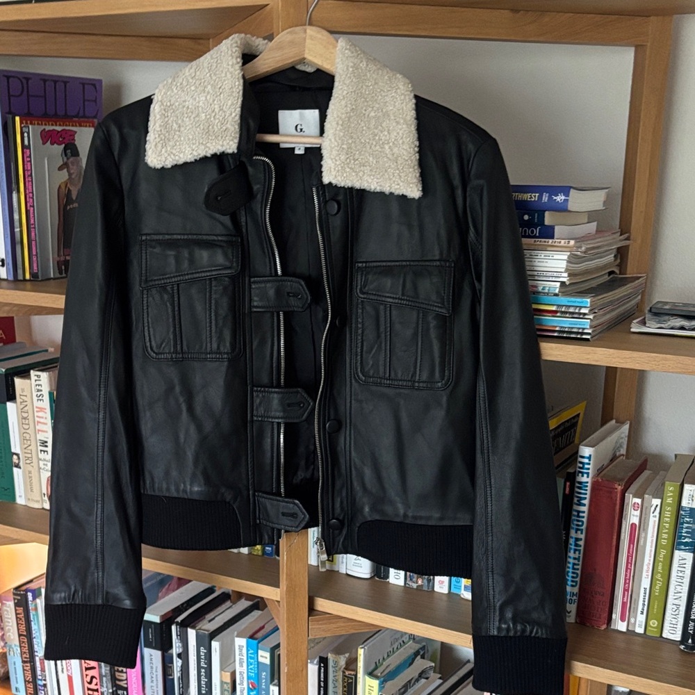 Black Leather Jacket with Cream Collar